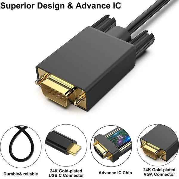 USB Type C to VGA 1080P 60Hz Cable for MacBook Pro 2019 2018, iPad Pro 2019 2018, Surface Book 2, XPS 15 13 and More 3 08
